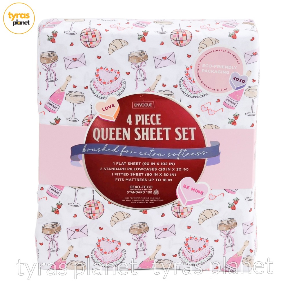 Envogue Valentine Town Queen Sheet Set 4pc Pink Hearts Disco Ball New